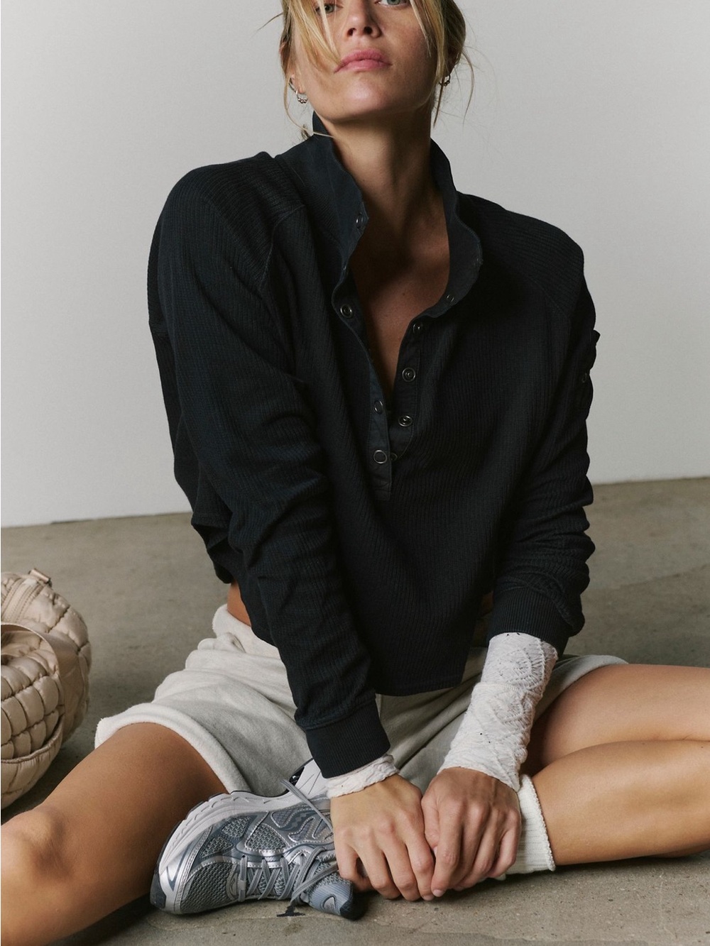 Free People Movement So Fly Henley Ribbed Black Medium